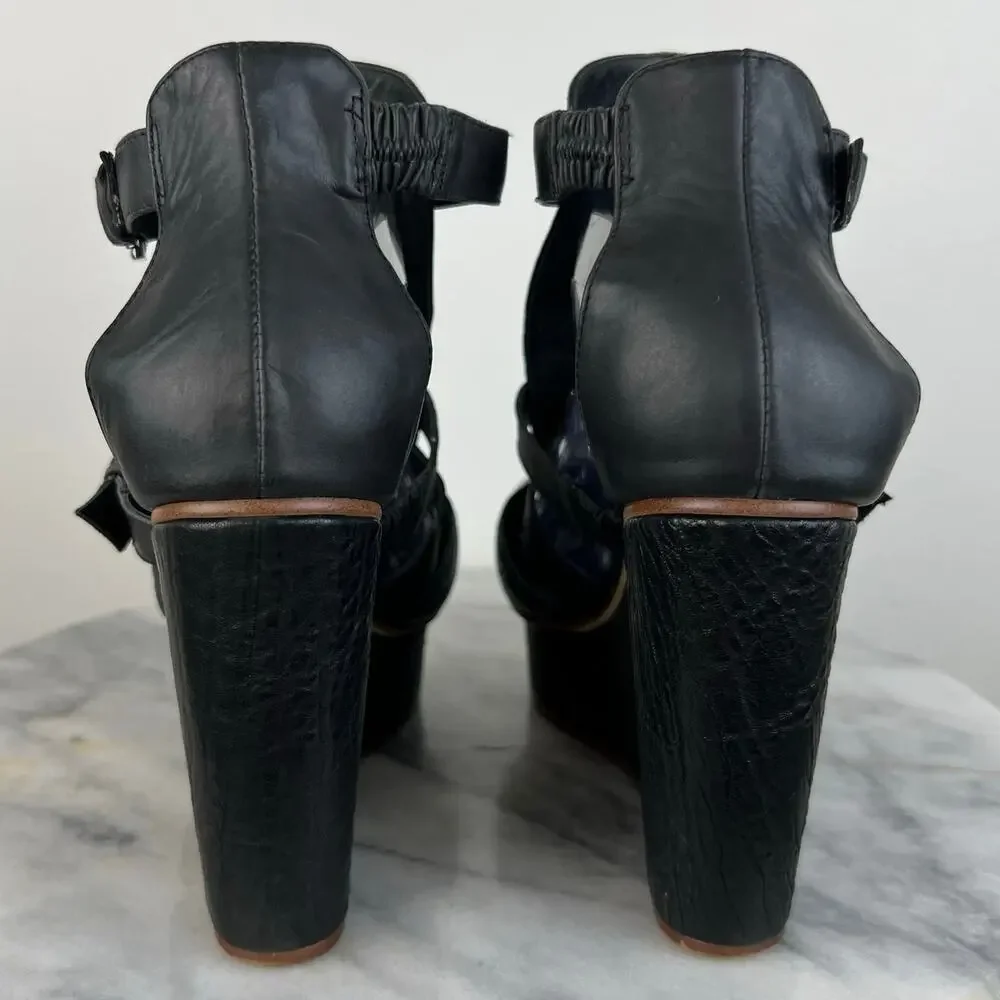 January, 6th Black Leather Buckle Platform Wedges Grunge Gothic Edgy (Sz 10)